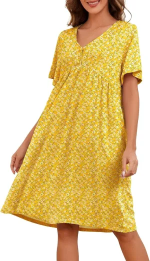 Womens House Dress Floral Print Nightgown with Pockets Mumu Dress S-4XL