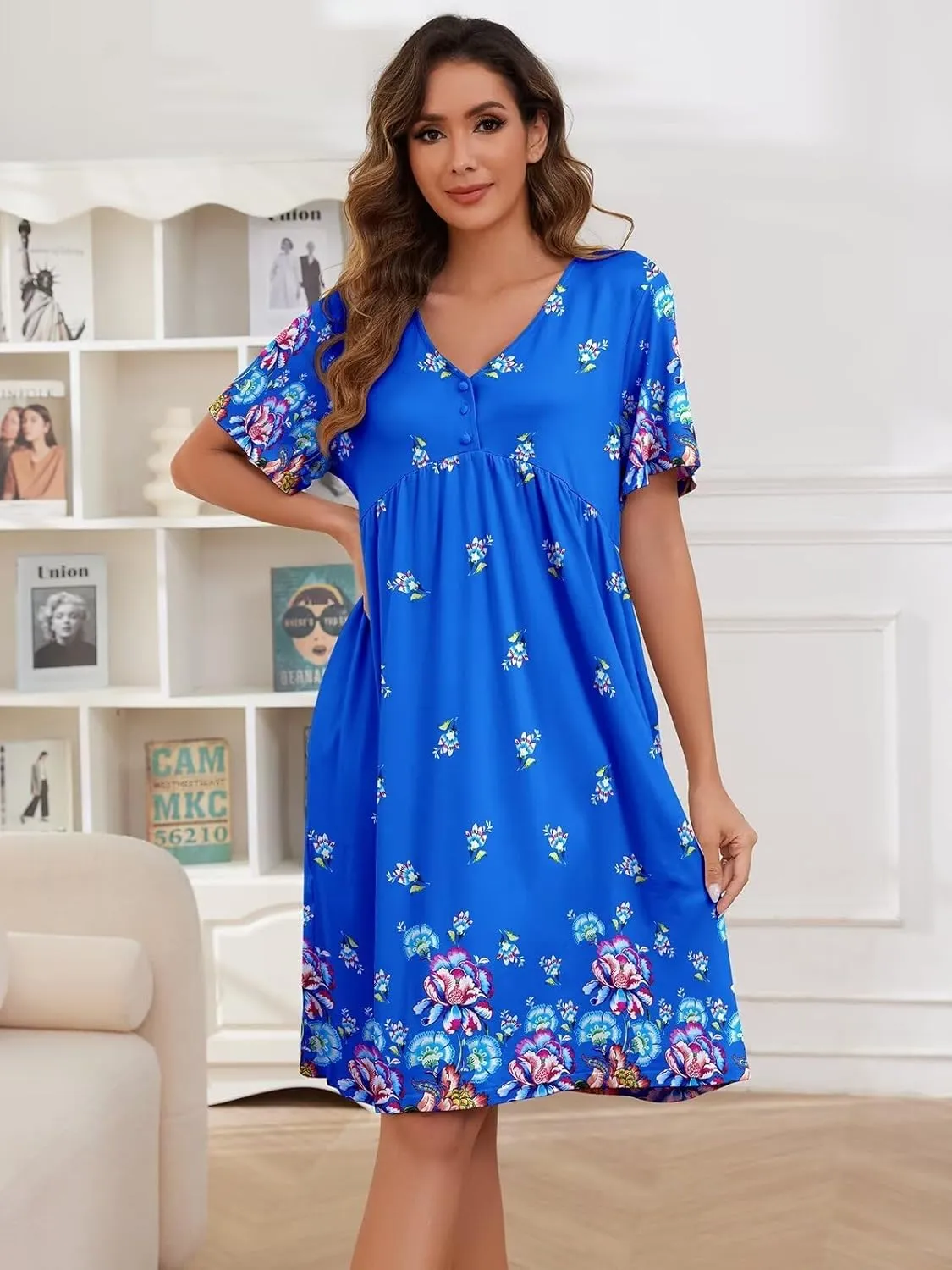 Womens House Dress Floral Print Nightgown with Pockets Mumu Dress S-4XL