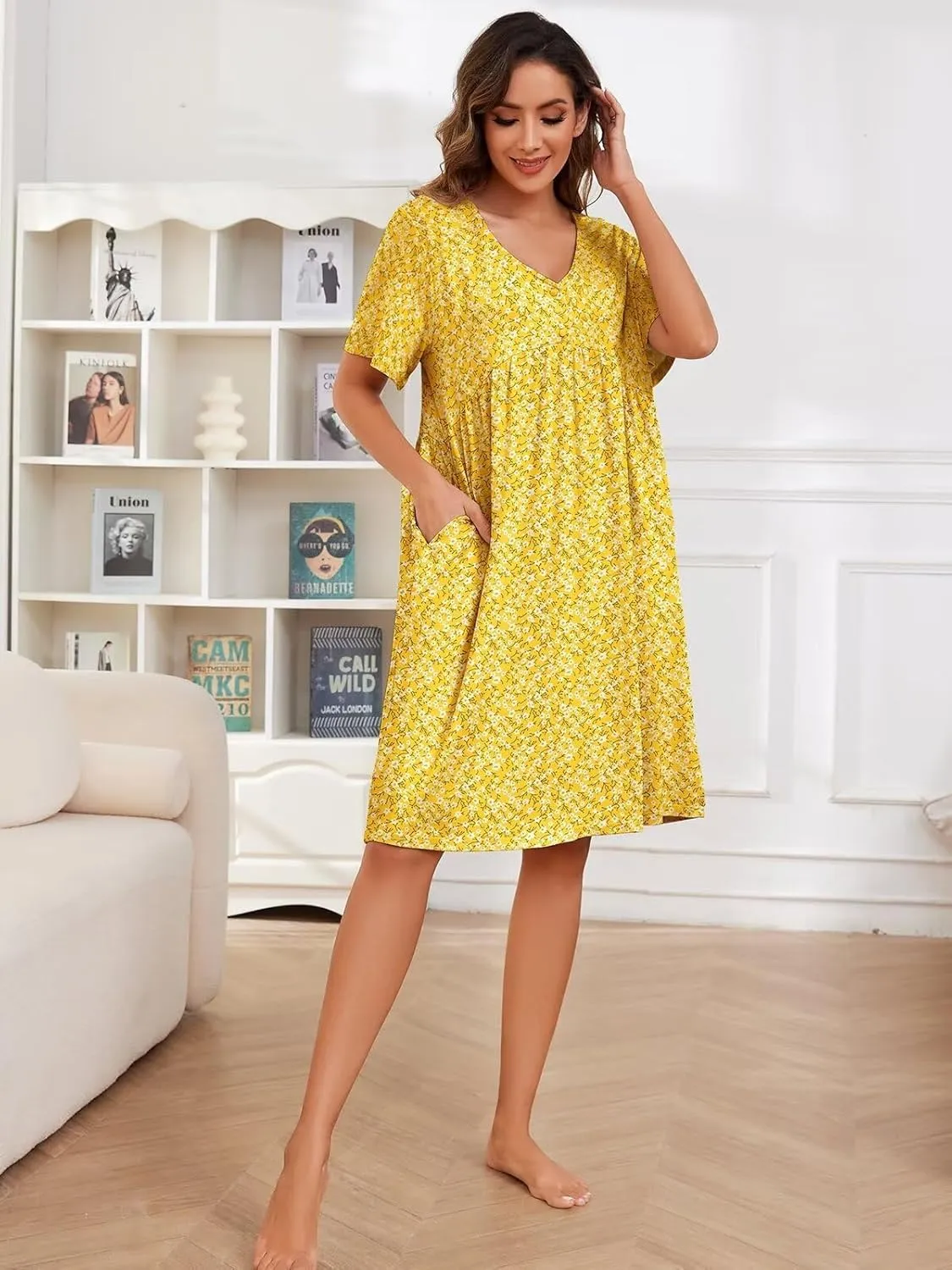 Womens House Dress Floral Print Nightgown with Pockets Mumu Dress S-4XL