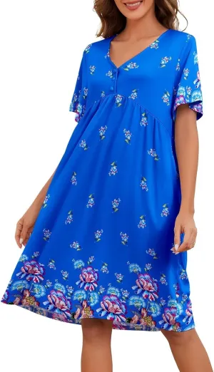 Womens House Dress Floral Print Nightgown with Pockets Mumu Dress S-4XL
