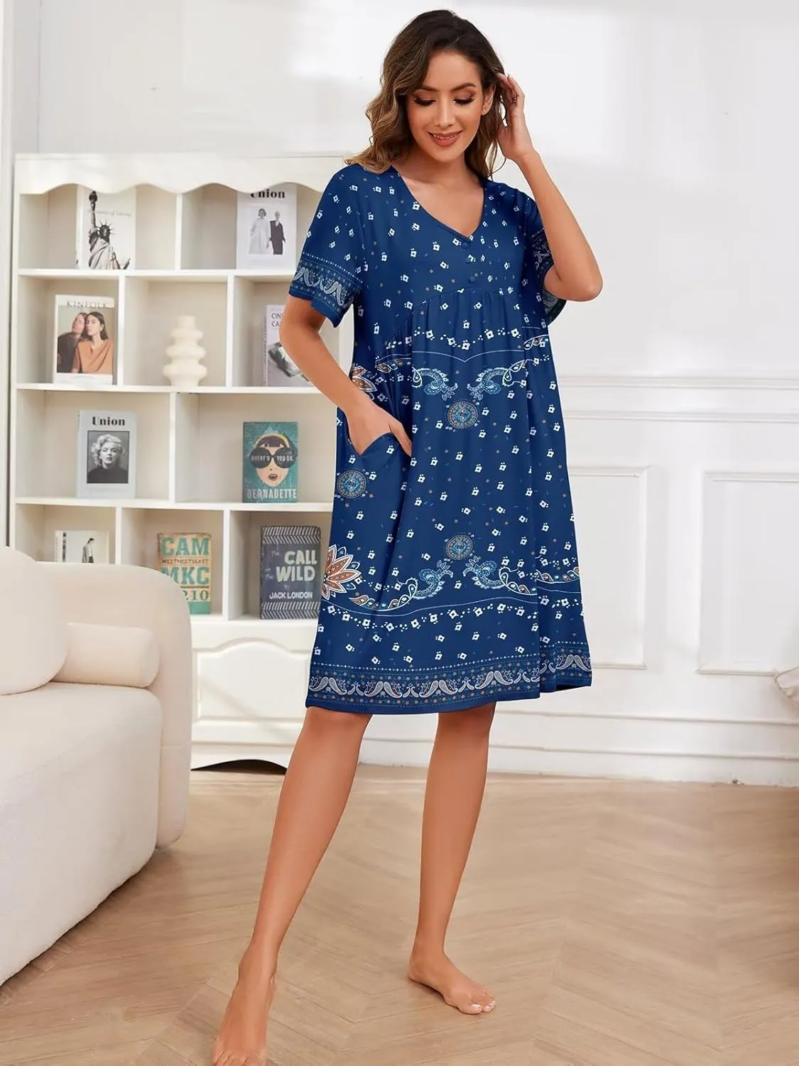Womens House Dress Floral Print Nightgown with Pockets Mumu Dress S-4XL