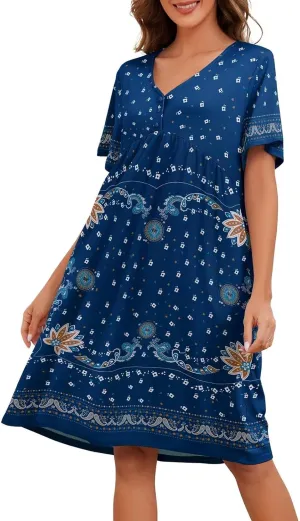 Womens House Dress Floral Print Nightgown with Pockets Mumu Dress S-4XL