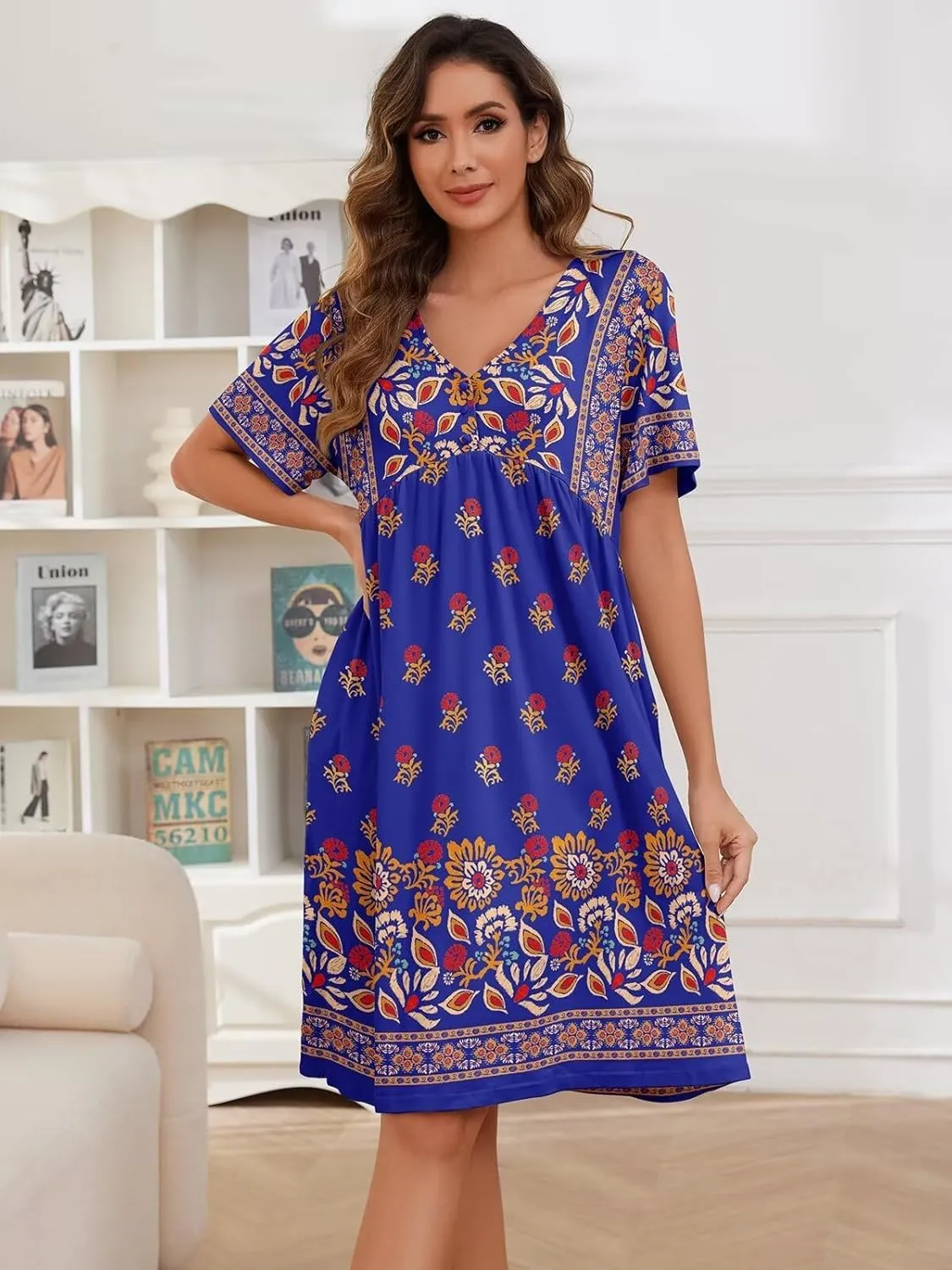 Womens House Dress Floral Print Nightgown with Pockets Mumu Dress S-4XL