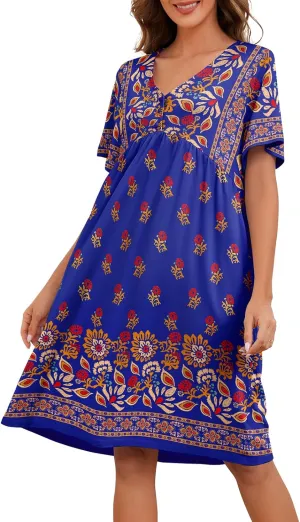 Womens House Dress Floral Print Nightgown with Pockets Mumu Dress S-4XL