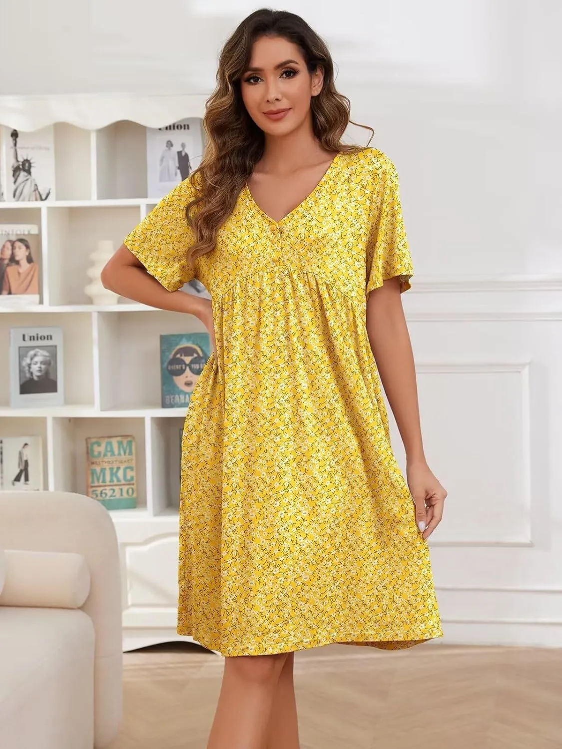 Womens House Dress Floral Print Nightgown with Pockets Mumu Dress S-4XL