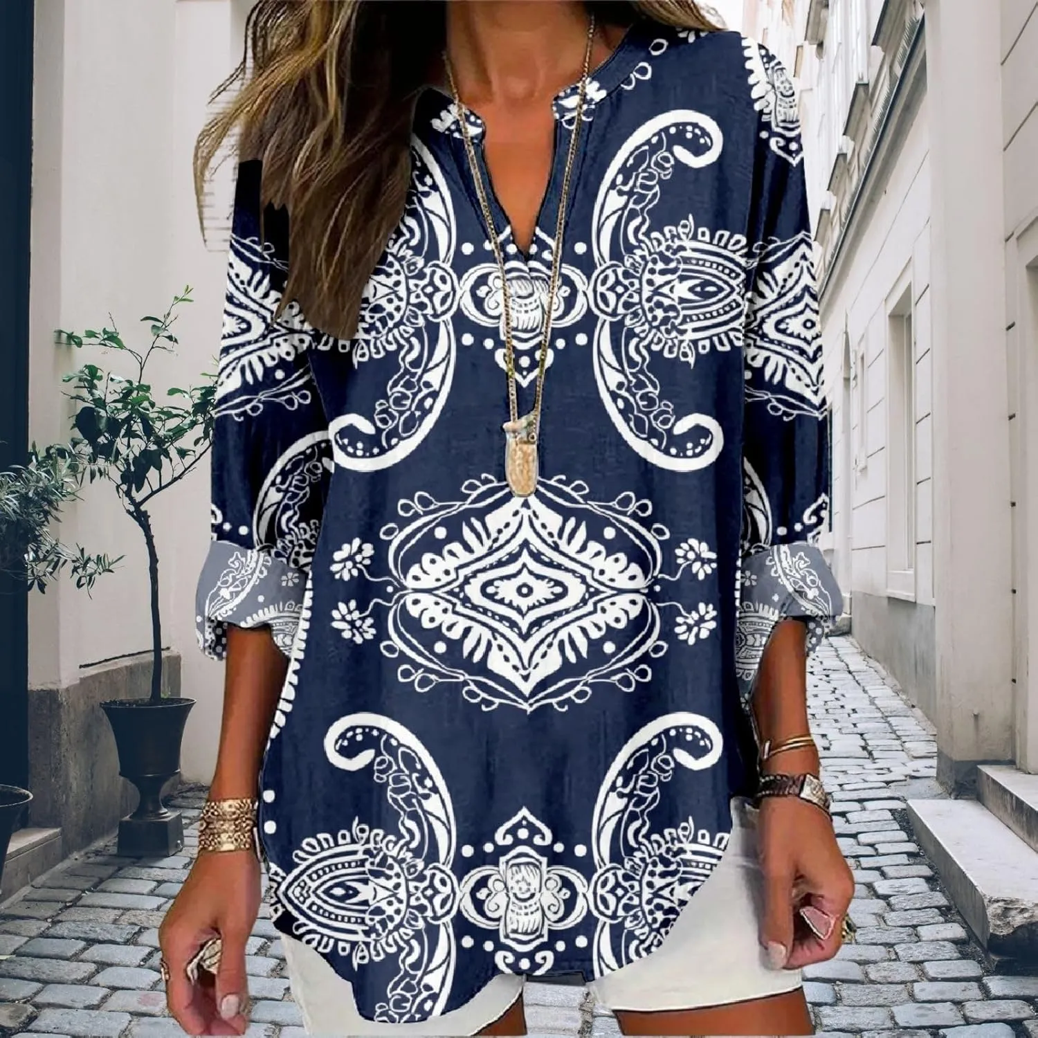 Women's Long Sleeve Floral Print Shirts V-Neck Casual Loose Fit Vintage Printed Blouses Elegant Lightweight Top