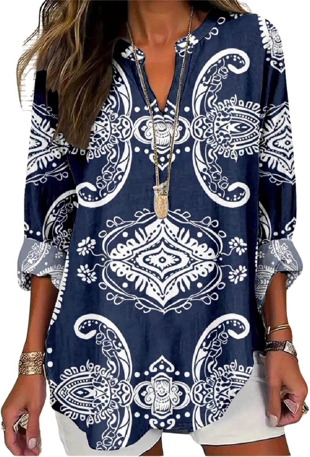 Women's Long Sleeve Floral Print Shirts V-Neck Casual Loose Fit Vintage Printed Blouses Elegant Lightweight Top
