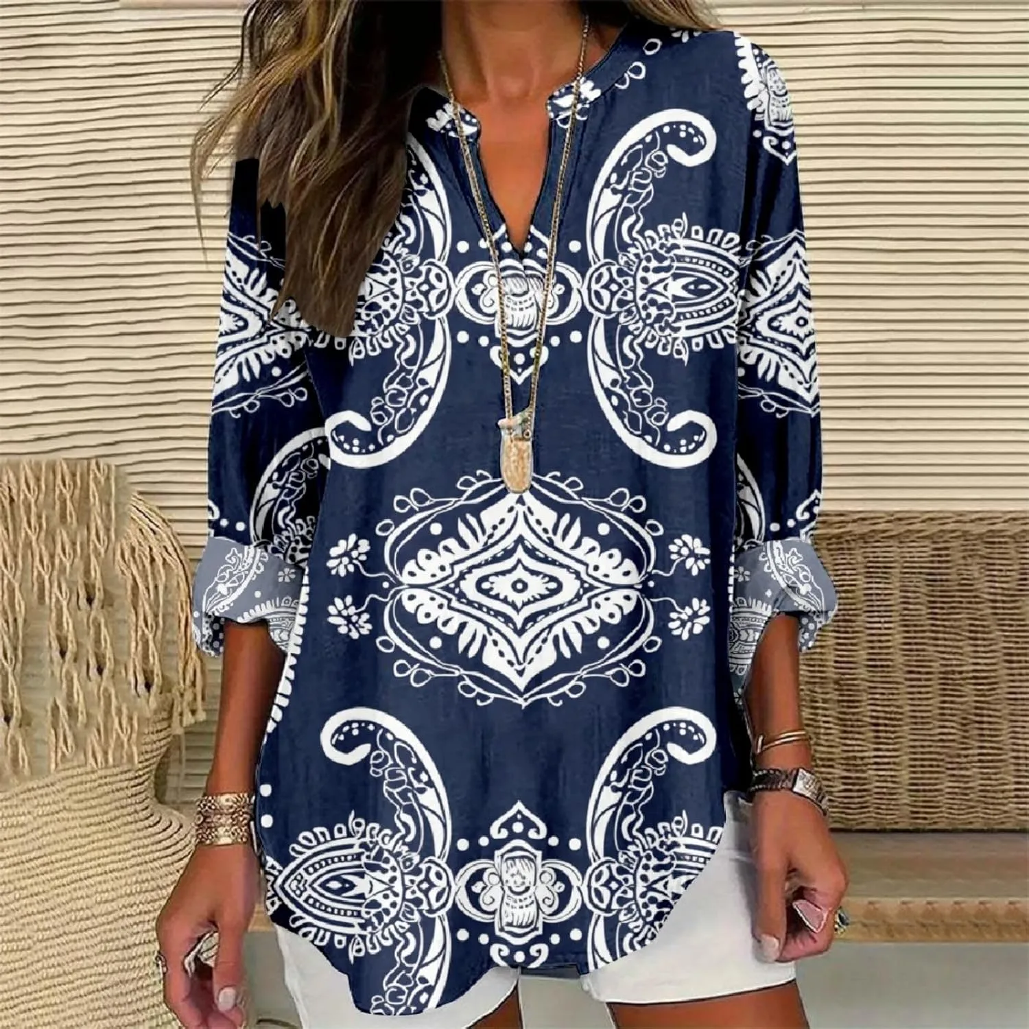 Women's Long Sleeve Floral Print Shirts V-Neck Casual Loose Fit Vintage Printed Blouses Elegant Lightweight Top