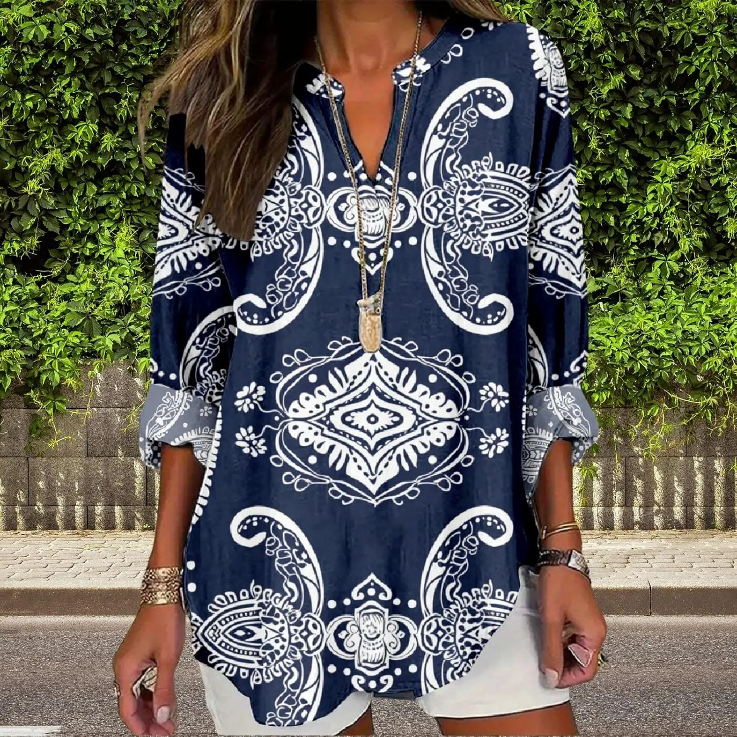 Women's Long Sleeve Floral Print Shirts V-Neck Casual Loose Fit Vintage Printed Blouses Elegant Lightweight Top