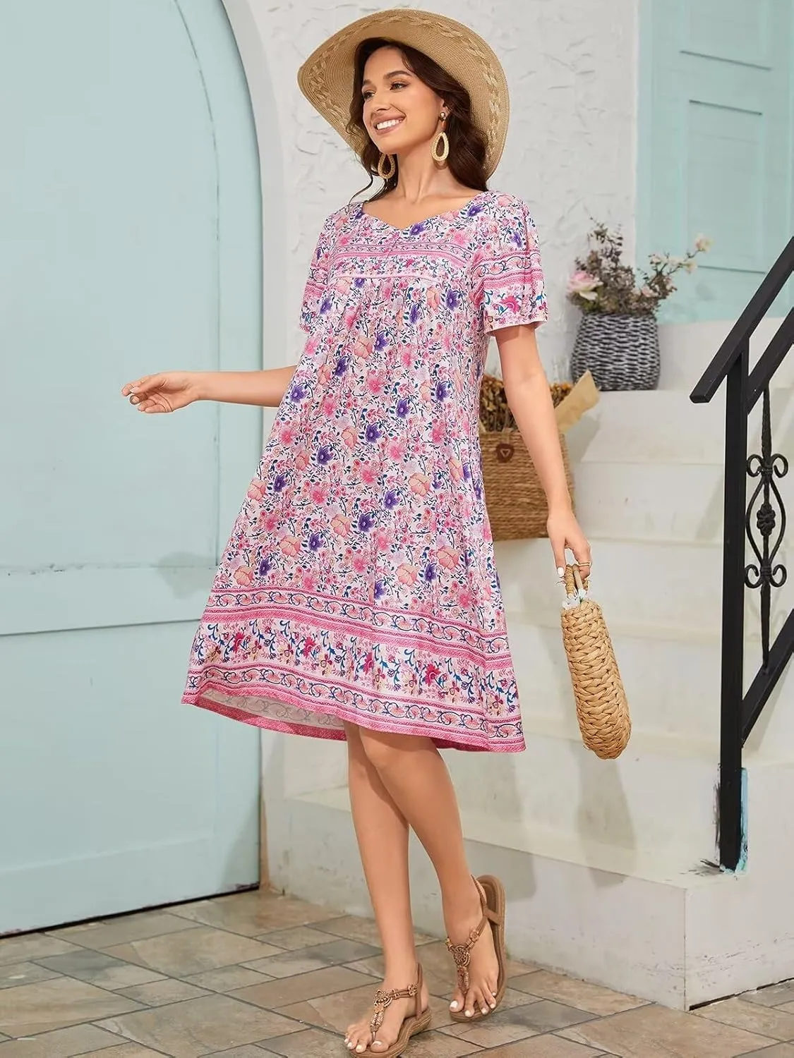 Womens Nightgown Short Sleeve House Dress with Pockets-Floral Print Mumu Dress S-3XL
