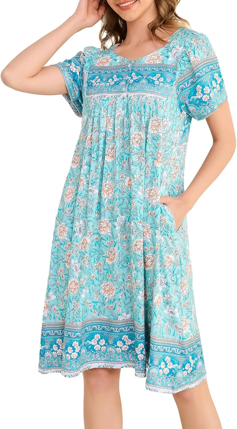 Womens Nightgown Short Sleeve House Dress with Pockets-Floral Print Mumu Dress S-3XL