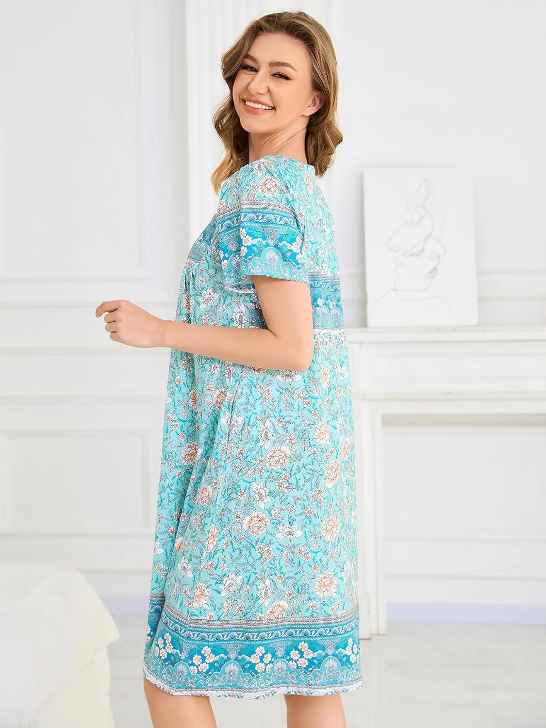 Womens Nightgown Short Sleeve House Dress with Pockets-Floral Print Mumu Dress S-3XL