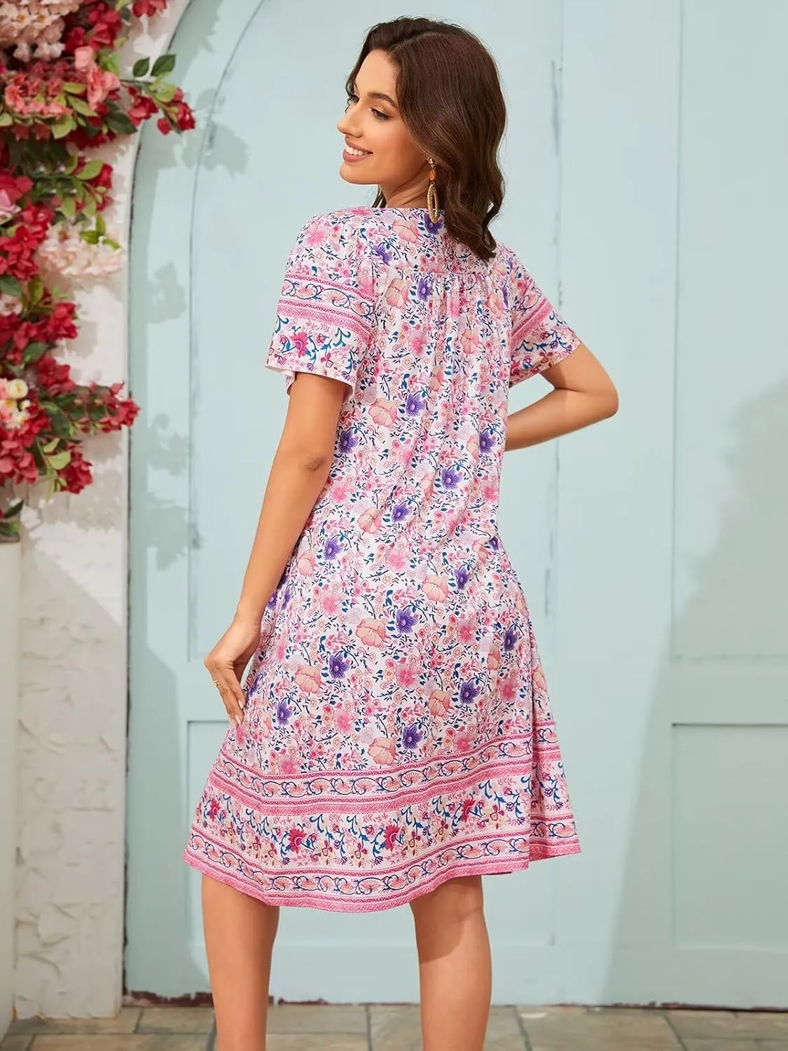 Womens Nightgown Short Sleeve House Dress with Pockets-Floral Print Mumu Dress S-3XL