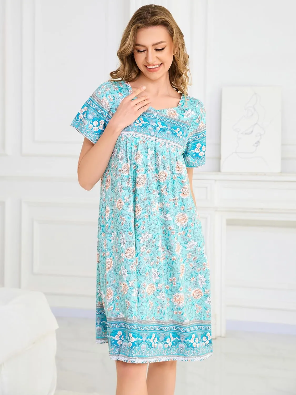 Womens Nightgown Short Sleeve House Dress with Pockets-Floral Print Mumu Dress S-3XL