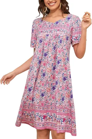 Womens Nightgown Short Sleeve House Dress with Pockets-Floral Print Mumu Dress S-3XL