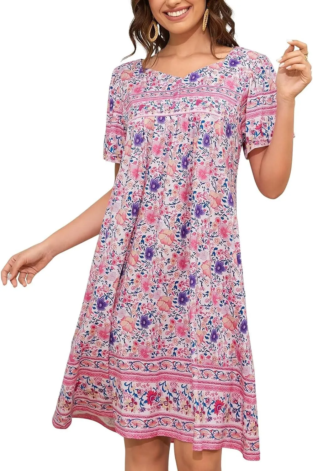 Womens Nightgown Short Sleeve House Dress with Pockets-Floral Print Mumu Dress S-3XL