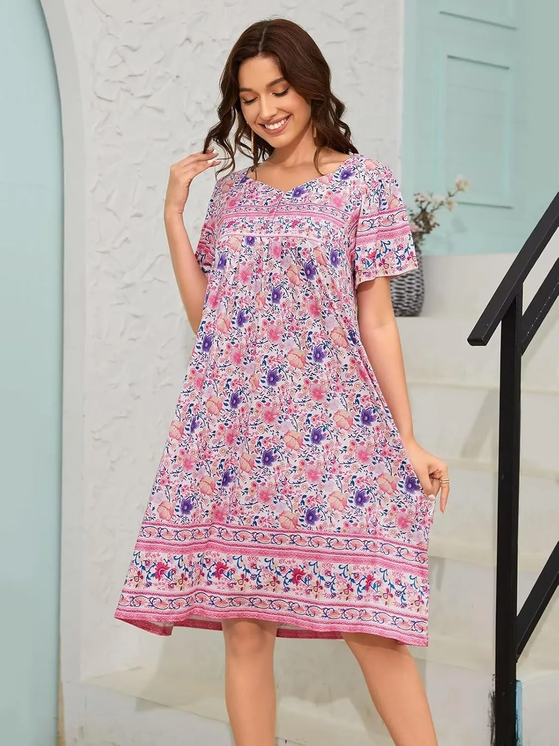 Womens Nightgown Short Sleeve House Dress with Pockets-Floral Print Mumu Dress S-3XL