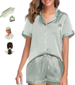 Womens Pajama Sets XS-4XL Silk Satin Pajamas Set Floral 2Pcs Pj Sets Button Down Pjs Set Sleepwear Loungewear