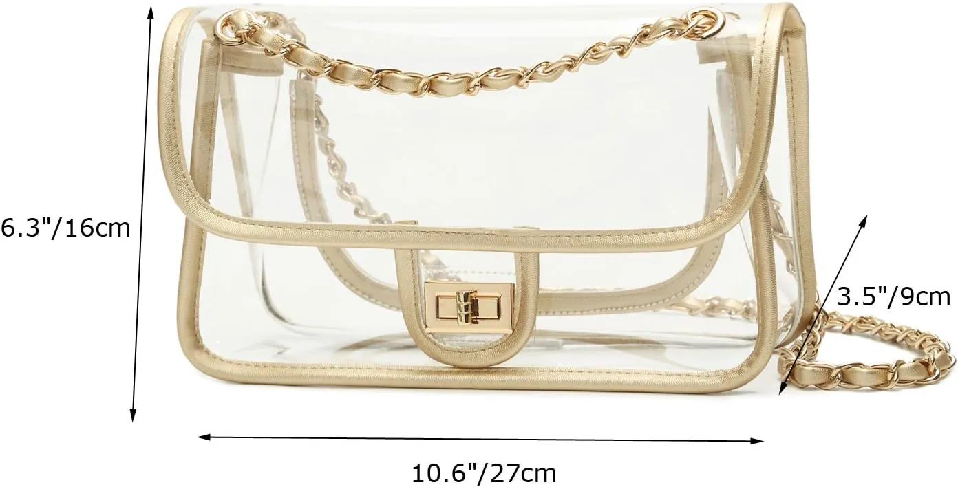 Womens PVC Clear Purse Handbag with Chain Stadium Approved Clear Bag See Through Bag for Working and Concert