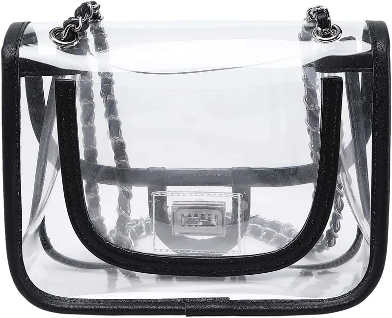 Womens PVC Clear Purse Handbag with Chain Stadium Approved Clear Bag See Through Bag for Working and Concert
