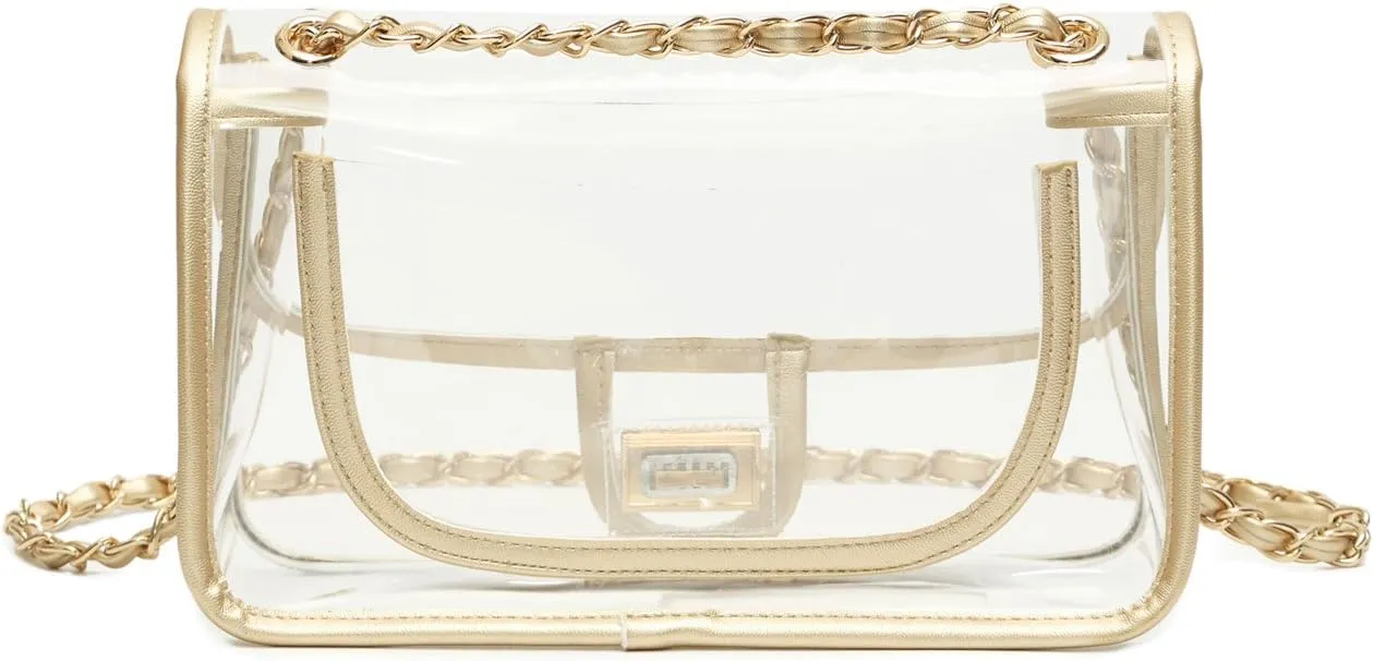 Womens PVC Clear Purse Handbag with Chain Stadium Approved Clear Bag See Through Bag for Working and Concert