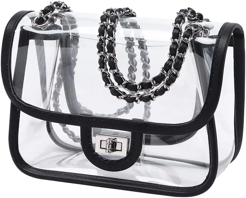 Womens PVC Clear Purse Handbag with Chain Stadium Approved Clear Bag See Through Bag for Working and Concert