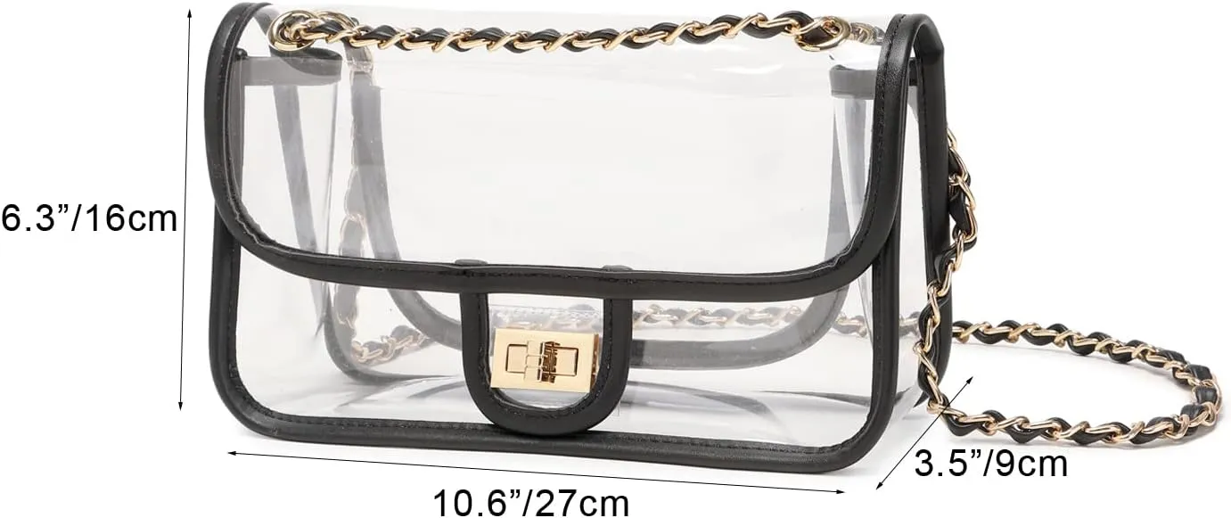 Womens PVC Clear Purse Handbag with Chain Stadium Approved Clear Bag See Through Bag for Working and Concert