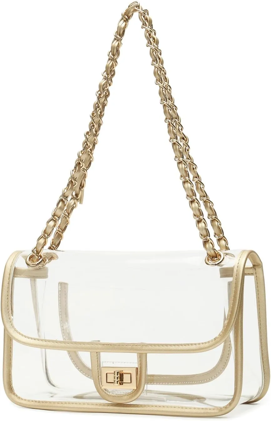 Womens PVC Clear Purse Handbag with Chain Stadium Approved Clear Bag See Through Bag for Working and Concert