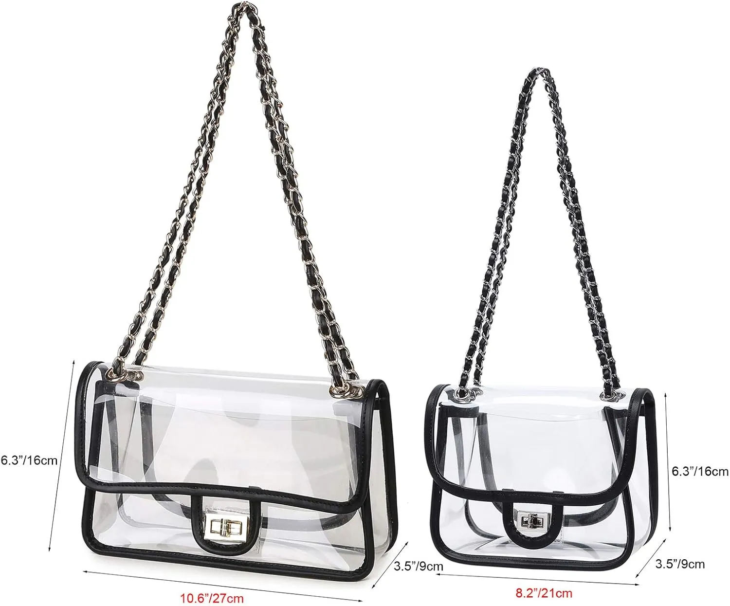 Womens PVC Clear Purse Handbag with Chain Stadium Approved Clear Bag See Through Bag for Working and Concert