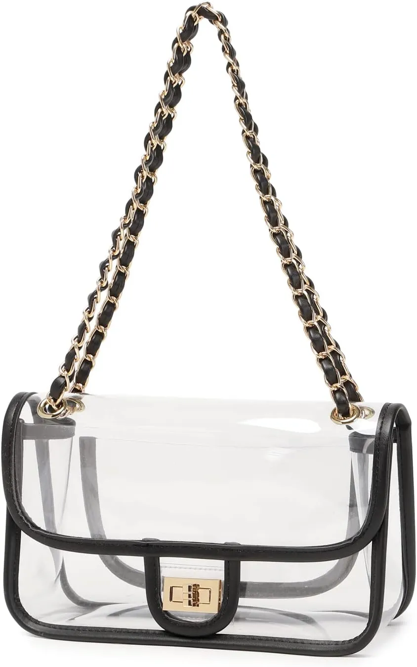 Womens PVC Clear Purse Handbag with Chain Stadium Approved Clear Bag See Through Bag for Working and Concert