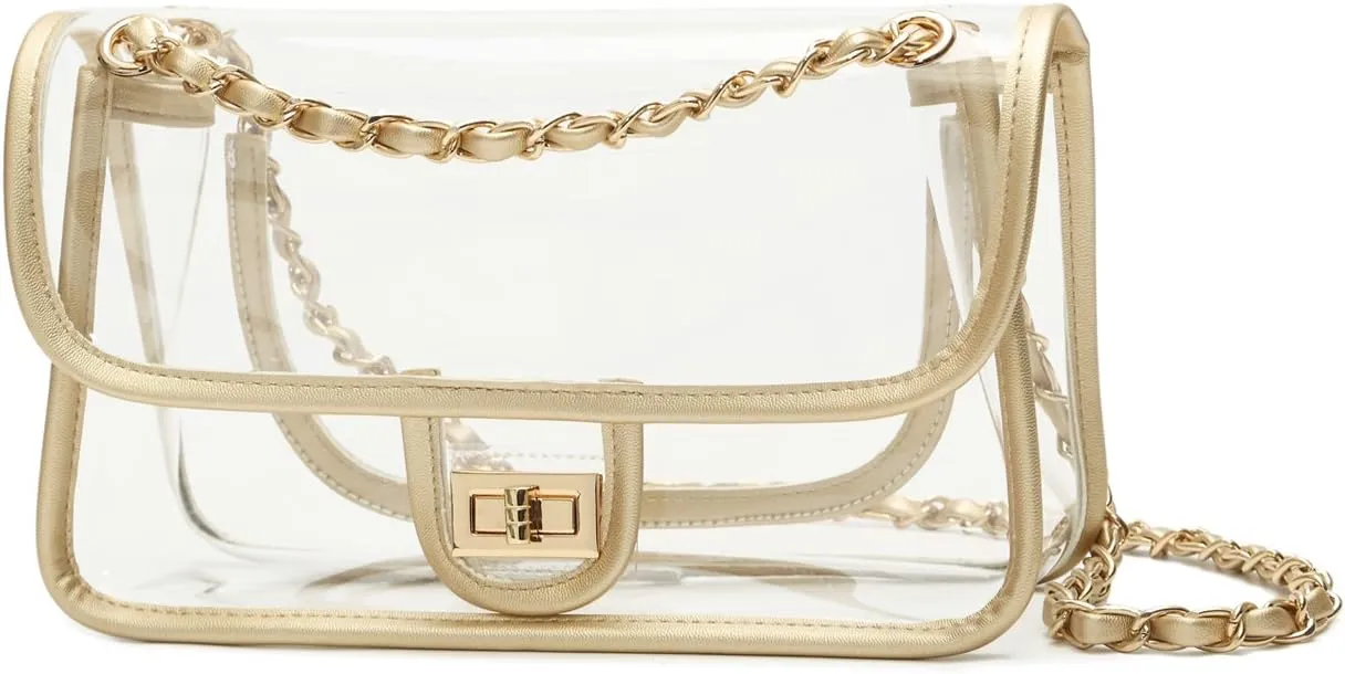 Womens PVC Clear Purse Handbag with Chain Stadium Approved Clear Bag See Through Bag for Working and Concert