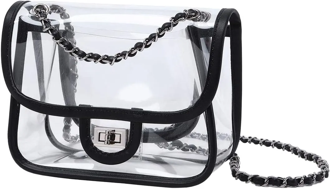 Womens PVC Clear Purse Handbag with Chain Stadium Approved Clear Bag See Through Bag for Working and Concert