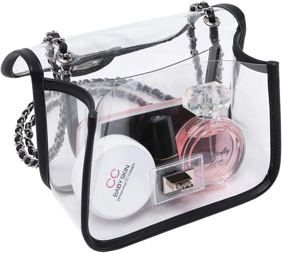 Womens PVC Clear Purse Handbag with Chain Stadium Approved Clear Bag See Through Bag for Working and Concert