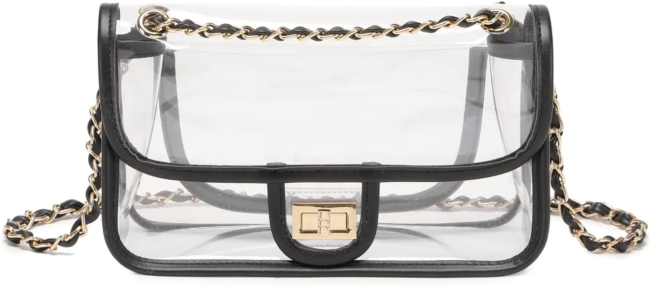 Womens PVC Clear Purse Handbag with Chain Stadium Approved Clear Bag See Through Bag for Working and Concert