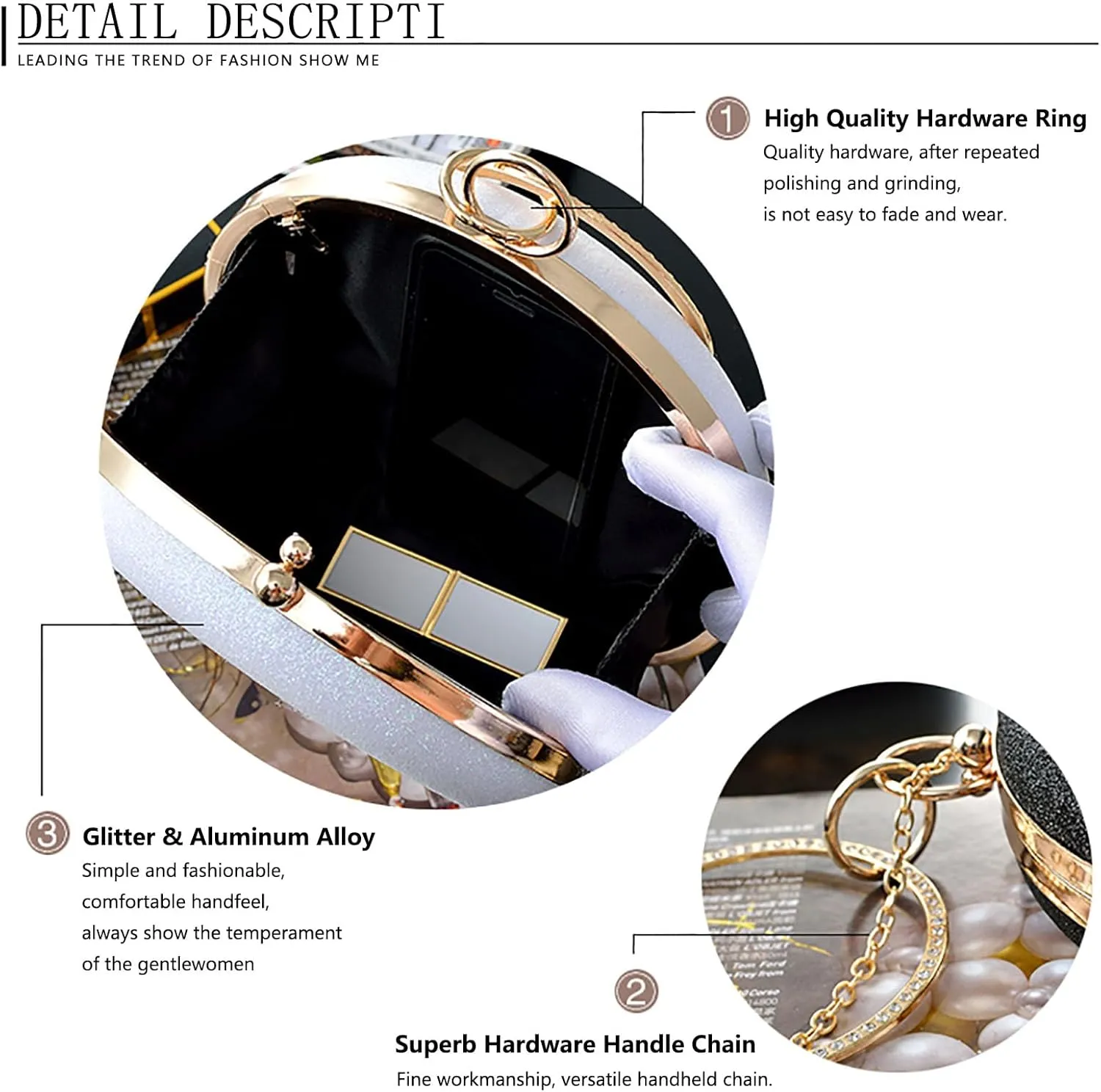 Women's Round Ball Clutch Rhinestone Ring Handle Designer Wristlets Handbag Purse Wedding Party Prom Evening Bag