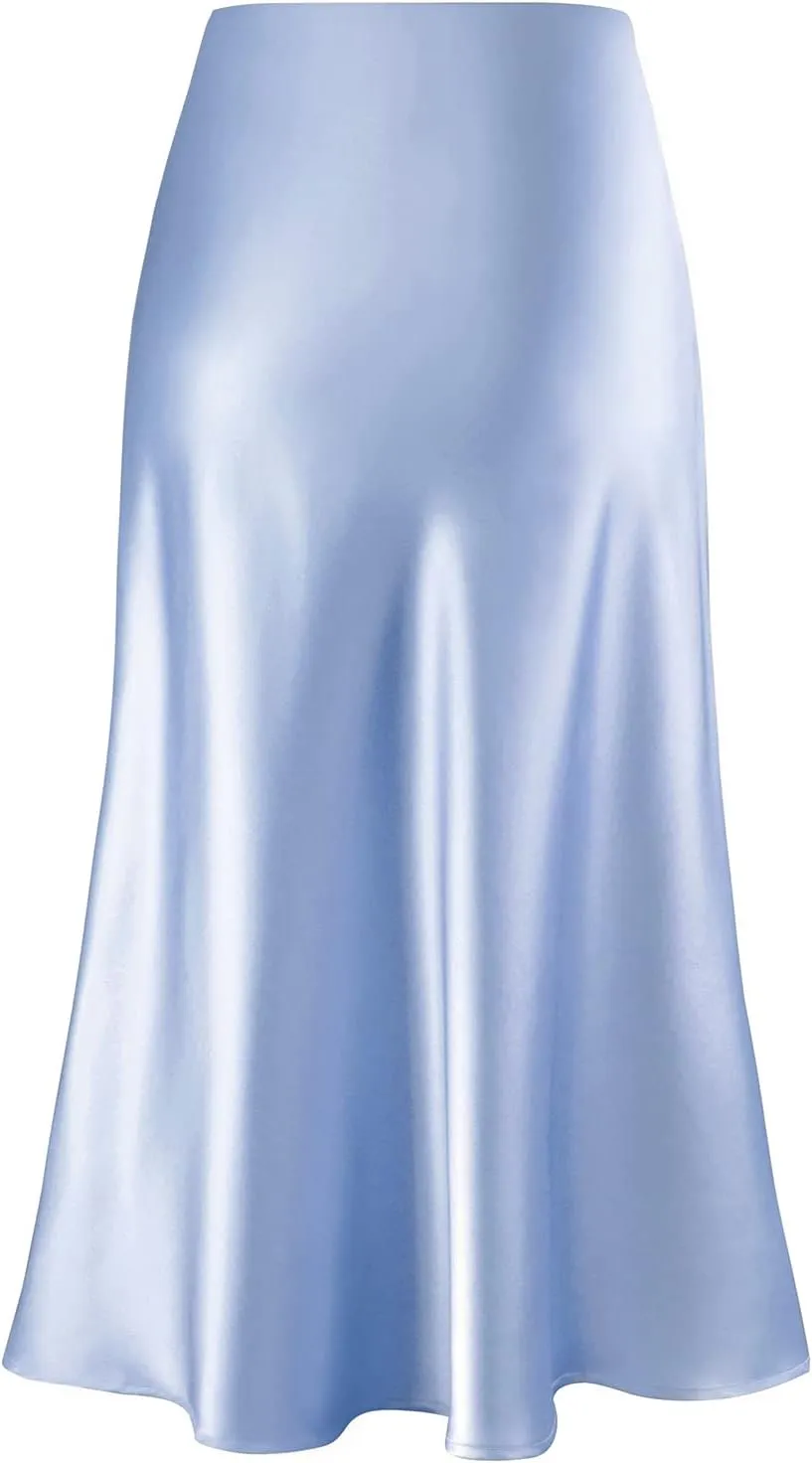 Women's Satin High Waist Hidden Elasticized Waistband Flared Casual A Line Midi Skirt