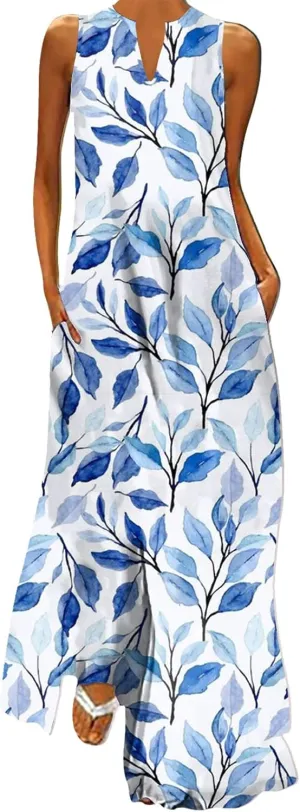 Women's Sexy Bodycon Tank Dress Boho Floral Printed Basic Sleeveless Maxi Dresses V Neck Party Club Beach Sundresses