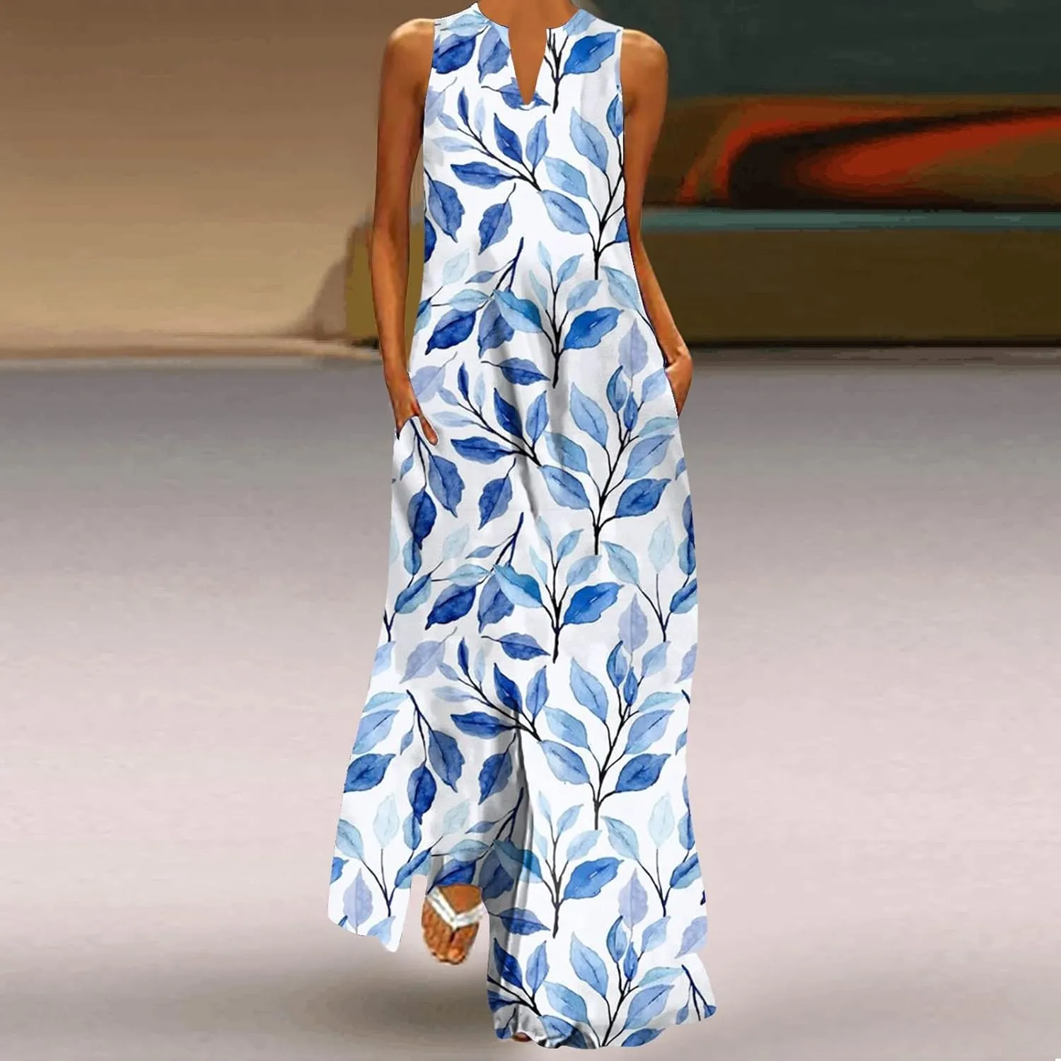 Women's Sexy Bodycon Tank Dress Boho Floral Printed Basic Sleeveless Maxi Dresses V Neck Party Club Beach Sundresses