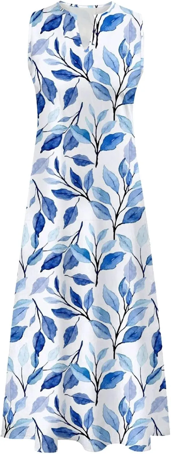 Women's Sexy Bodycon Tank Dress Boho Floral Printed Basic Sleeveless Maxi Dresses V Neck Party Club Beach Sundresses