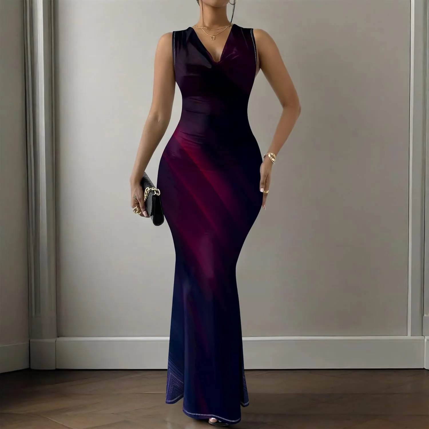 Women's Sexy V Neck Sleeveless Fitted Dress Elegant Curve Pencil Skirt Beach Party Sundress Festival Evening Dress
