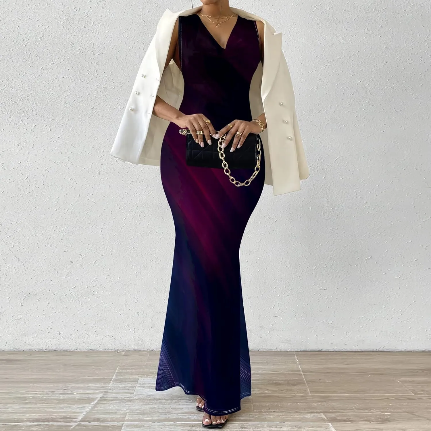 Women's Sexy V Neck Sleeveless Fitted Dress Elegant Curve Pencil Skirt Beach Party Sundress Festival Evening Dress