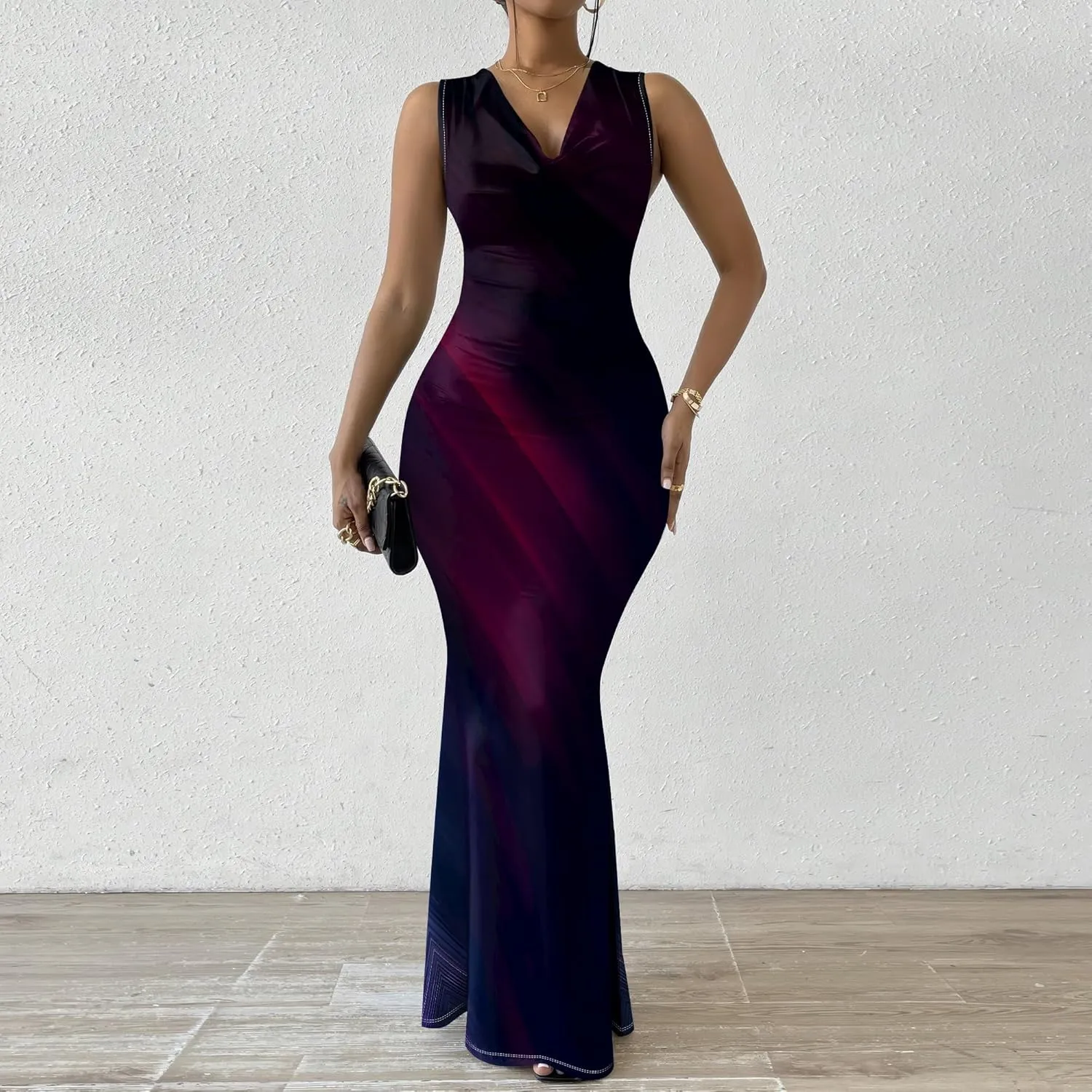 Women's Sexy V Neck Sleeveless Fitted Dress Elegant Curve Pencil Skirt Beach Party Sundress Festival Evening Dress