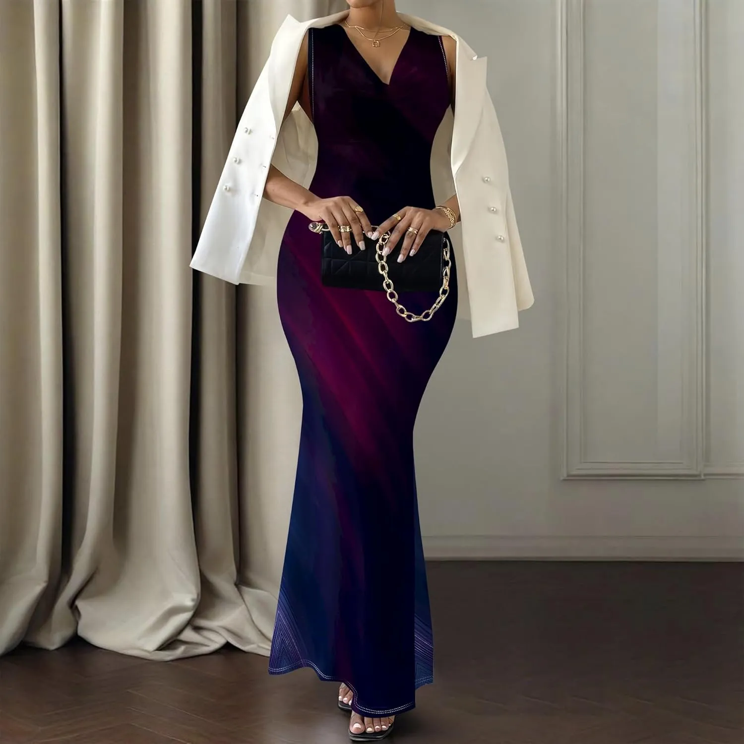 Women's Sexy V Neck Sleeveless Fitted Dress Elegant Curve Pencil Skirt Beach Party Sundress Festival Evening Dress