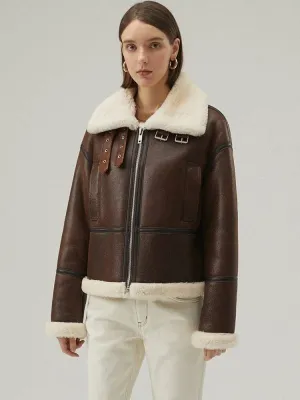Women's Shearling Leather Jacket In Dark Brown