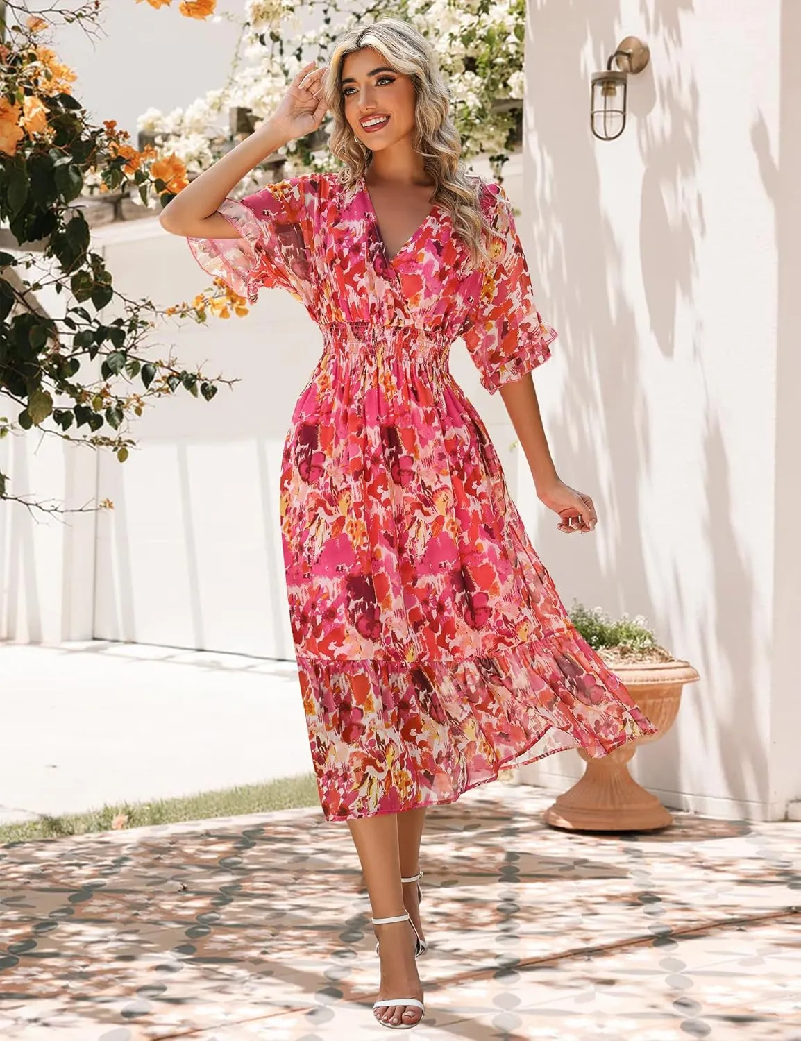 Women's Spring Summer 2025 Floral Midi Dress A Line Chiffon Boho Casual Short Sleeve Long Beach Dresses
