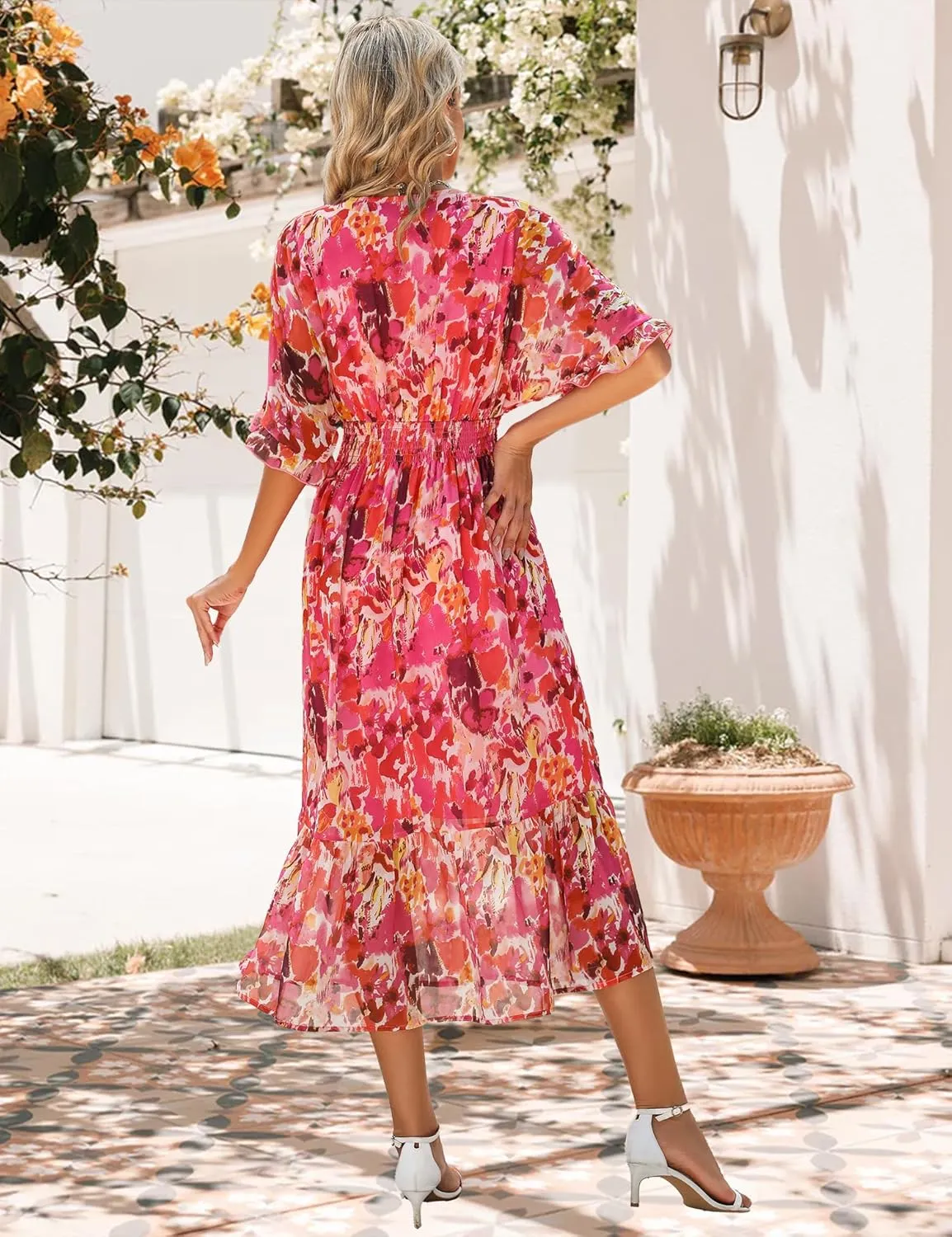 Women's Spring Summer 2025 Floral Midi Dress A Line Chiffon Boho Casual Short Sleeve Long Beach Dresses