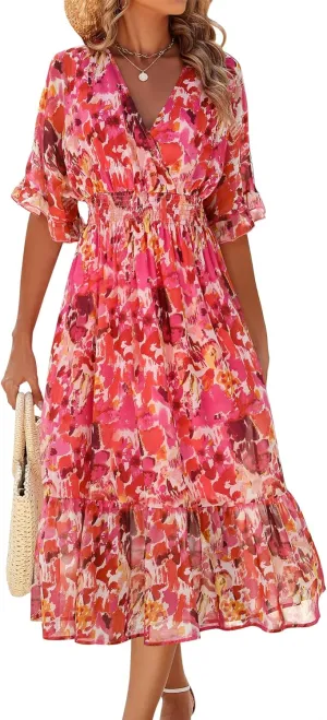 Women's Spring Summer 2025 Floral Midi Dress A Line Chiffon Boho Casual Short Sleeve Long Beach Dresses
