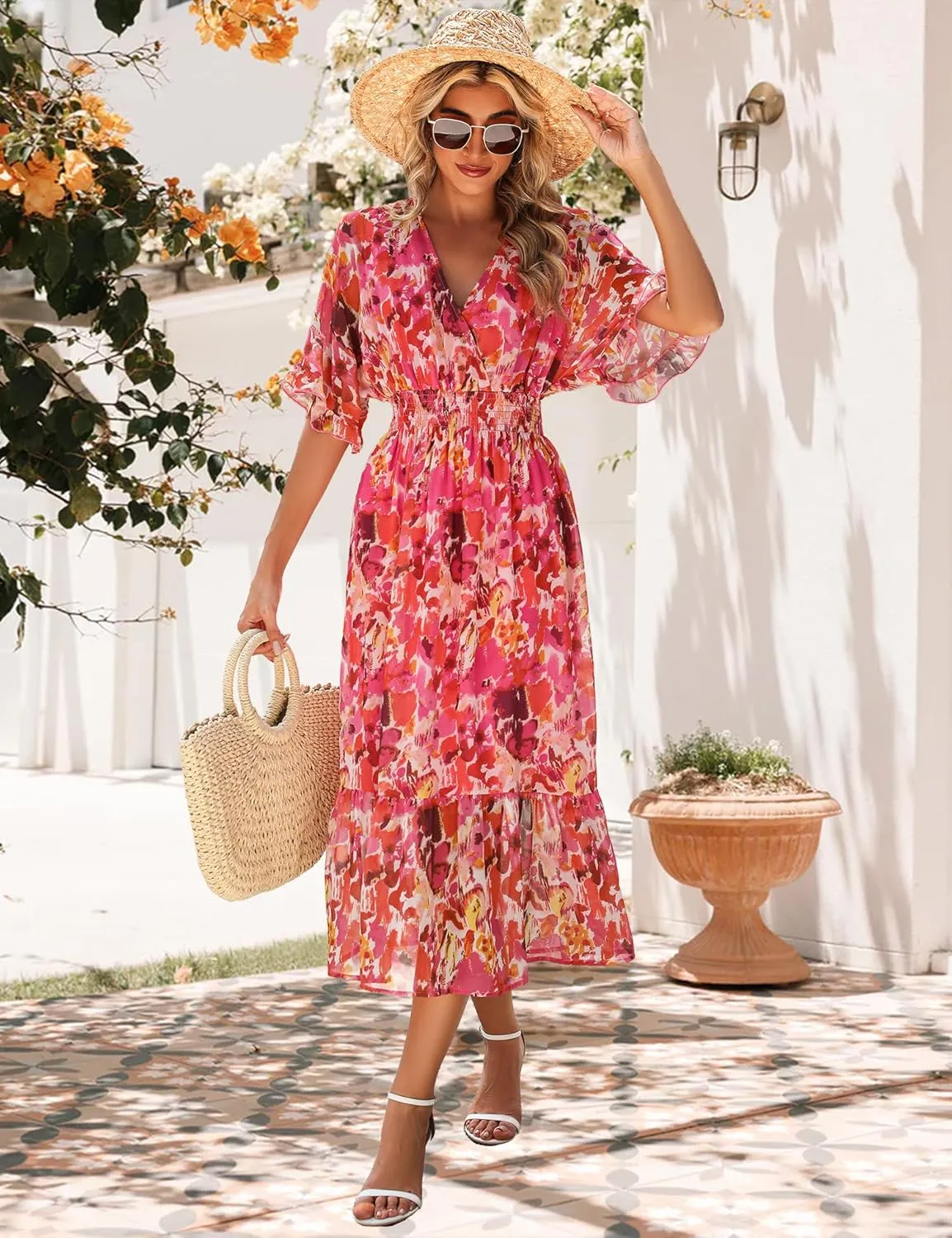 Women's Spring Summer 2025 Floral Midi Dress A Line Chiffon Boho Casual Short Sleeve Long Beach Dresses