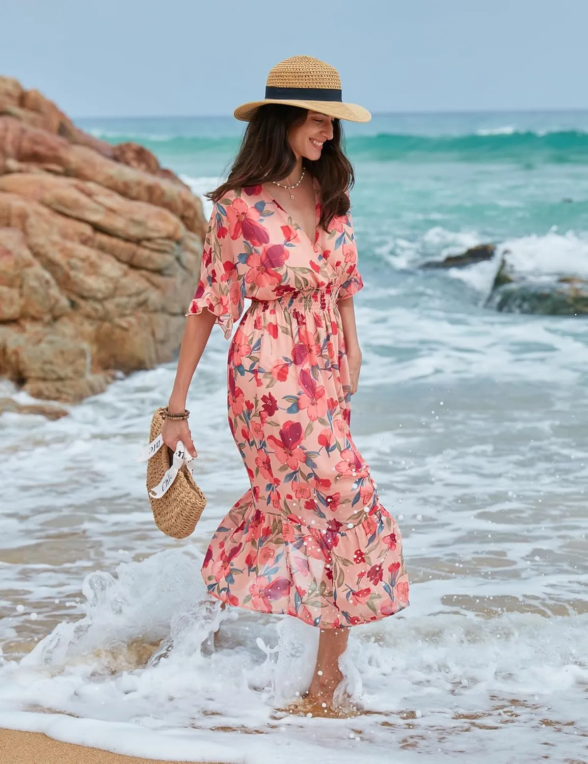Women's Spring Summer 2025 Floral Midi Dress A Line Chiffon Boho Casual Short Sleeve Long Beach Dresses