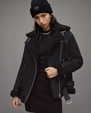 Women's Suede Leather Shearling Biker Jacket In Black